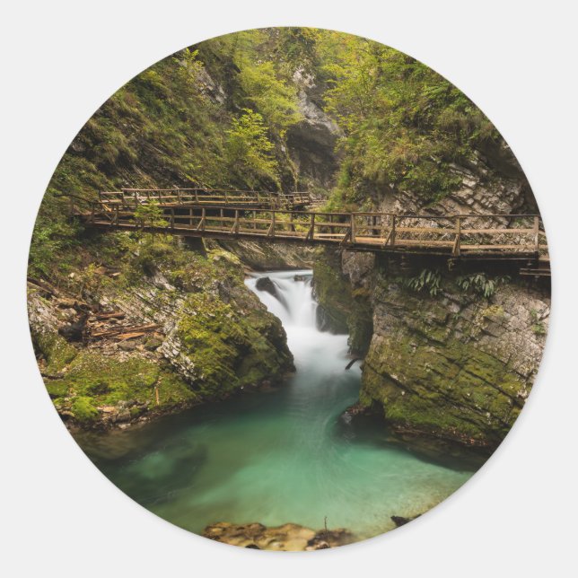 Wooden walkway through Vintgar Gorge canyon Classic Round Sticker (Front)