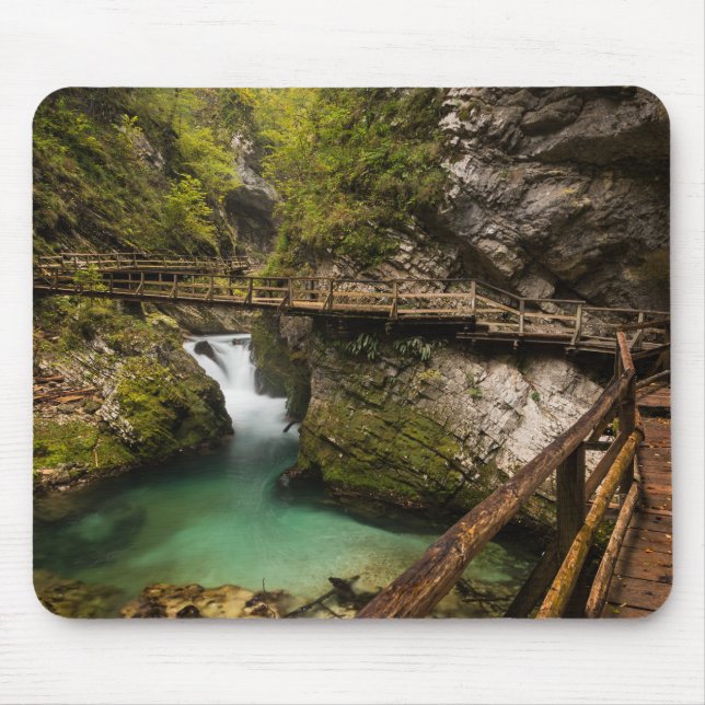 Wooden walkway through Vintgar Gorge canyon Mouse Pad (Front)
