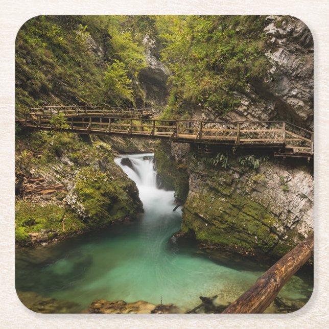Wooden walkway through Vintgar Gorge canyon Square Paper Coaster (Front)