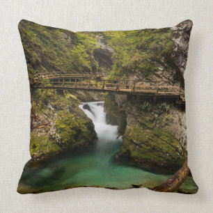 Wooden walkway through Vintgar Gorge canyon Throw Pillow