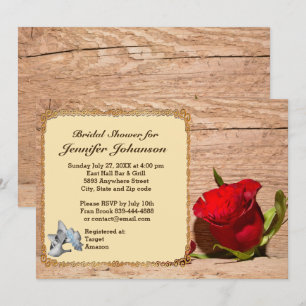 Wooden Wall & Red Rose Bridal Shower Invitation