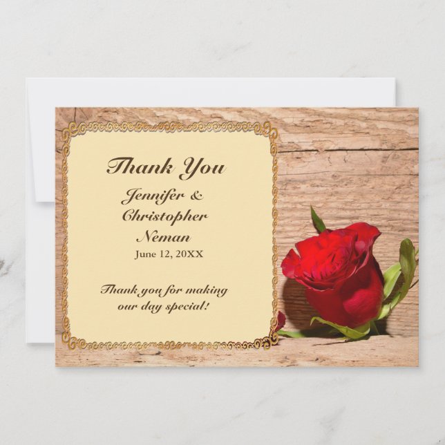 Wooden Wall & Red Rose Thank You Card (Front)
