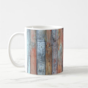 Wooden wall texture, old painted multicolored wood coffee mug