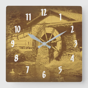 Wooden Water Wheel And Duck Pond Vintage Square Wall Clock