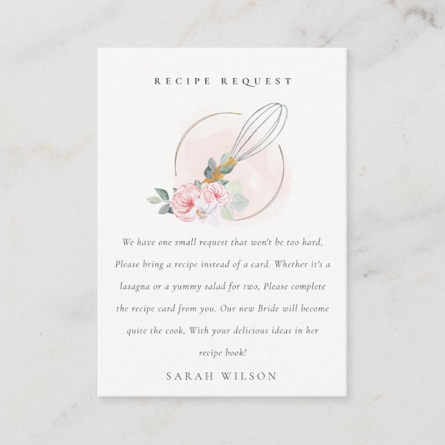 Wooden Whisk Floral Recipe Request Bridal Shower Enclosure Card (Front)