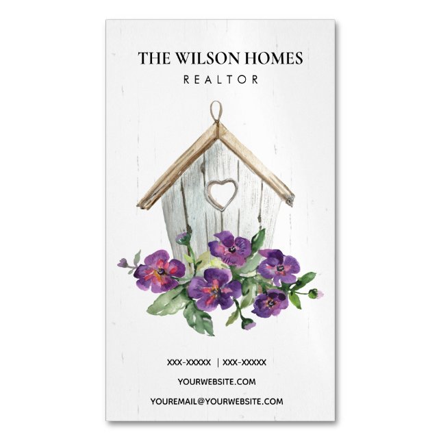 WOODEN WHITE FLORAL BIRDHOUSE REAL ESTATE REALTOR 	Magnetic BUSINESS CARD (Front Vertical)