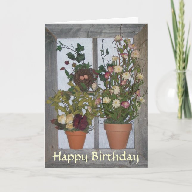 Wooden Window with Flowers - Birthday Greeting Card (Front)
