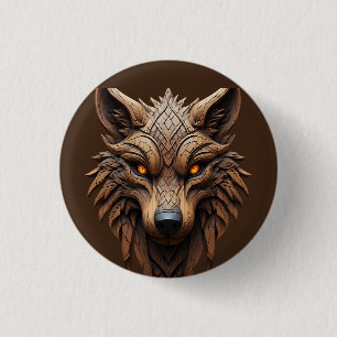 Wooden Wolf Art Carving with Geometric Patterns 1 Inch Round Button