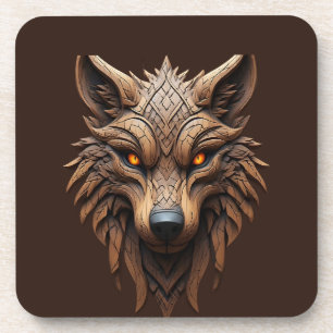 Wooden Wolf Art Carving with Geometric Patterns Coaster