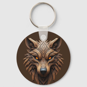 Wooden Wolf Art Carving with Geometric Patterns Keychain