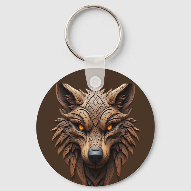 Wooden Wolf Art Carving with Geometric Patterns Keychain (Front)