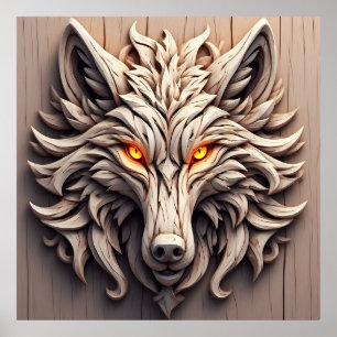 Wooden Wolf Art Carving with Geometric Patterns Poster