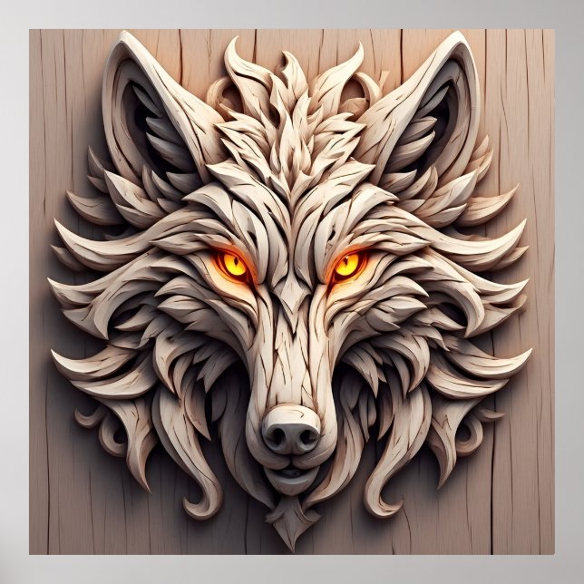Wooden Wolf Art Carving with Geometric Patterns Poster (Front)