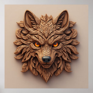 Wooden Wolf Art Carving with Geometric Patterns Poster