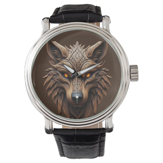 Wooden Wolf Art Carving with Geometric Patterns Watch (Front)
