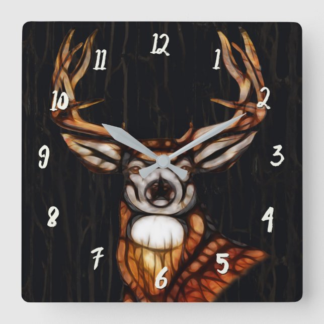 Wooden Wood Deer Rustic Country Unique Farmhouse Square Wall Clock (Front)
