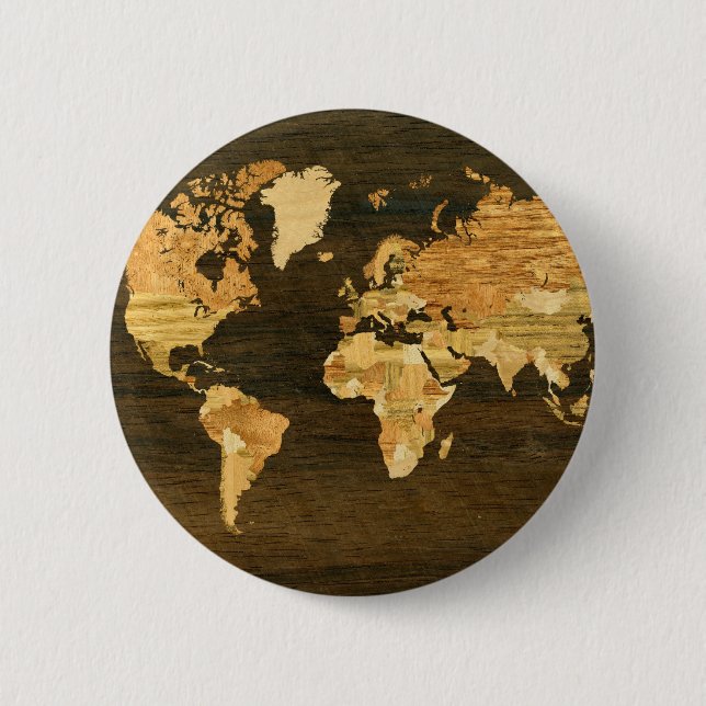 Wooden World Map 2 Inch Round Button (Front)