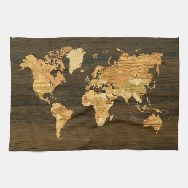 Wooden World Map Kitchen Towel (Horizontal)