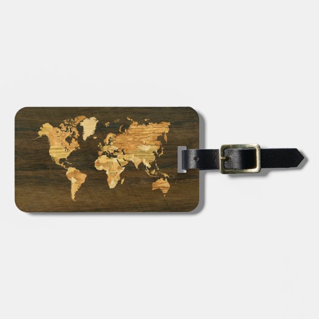 Wooden World Map Luggage Tag (Front Horizontal)