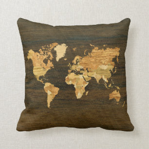 Wooden World Map Throw Pillow