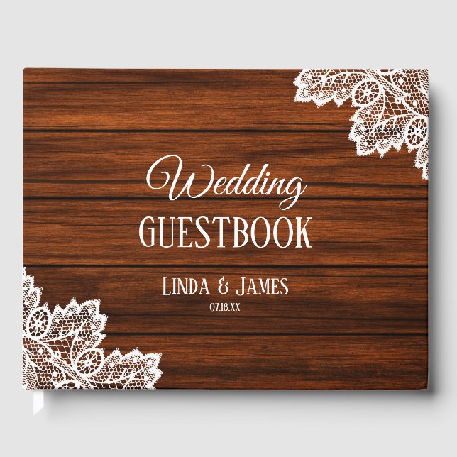Woodgrain and Lace Wedding Guestbook (Front)