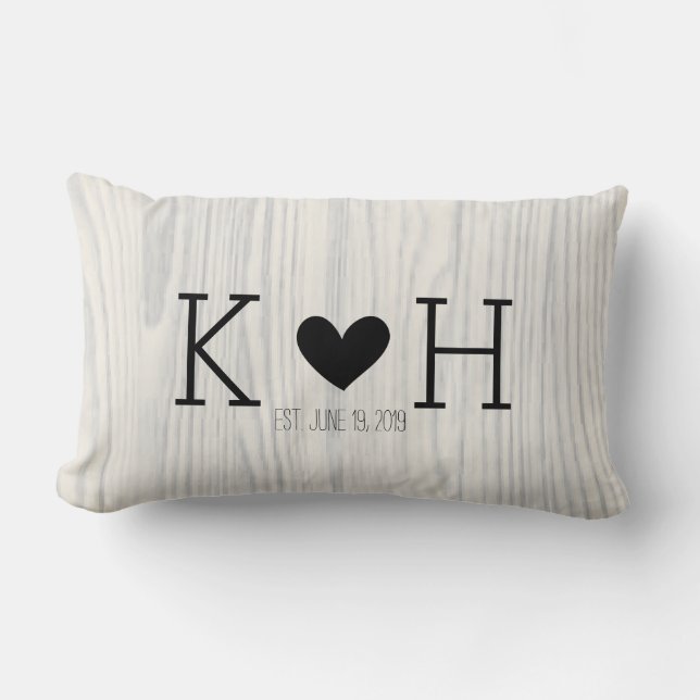 Woodgrain Couple's Initials Personalized Wedding Lumbar Pillow (Front)