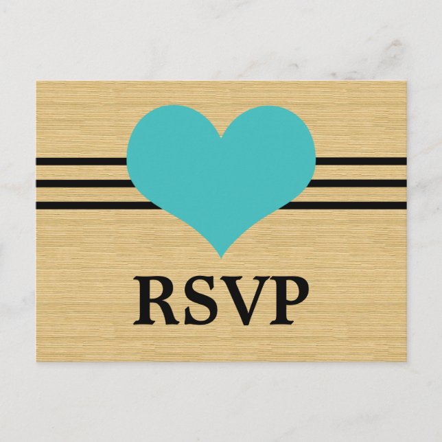 Woodgrain Mod Heart RSVP Postcard, Aqua Invitation Postcard (Front)