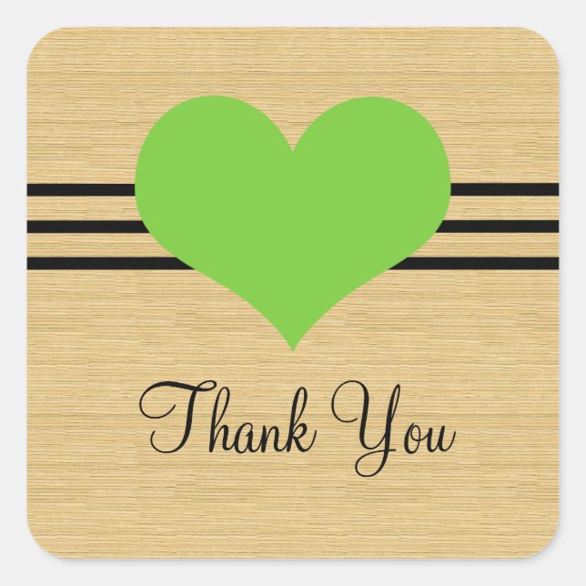 Woodgrain Mod Heart Thank You Stickers, Green Square Sticker (Front)