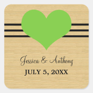 Woodgrain Mod Heart Wedding Stickers, Green Square Sticker