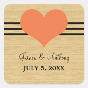 Woodgrain Mod Heart Wedding Stickers, Orange Square Sticker