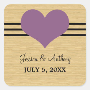 Woodgrain Mod Heart Wedding Stickers, Purple Square Sticker