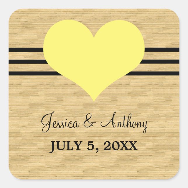 Woodgrain Mod Heart Wedding Stickers, Yellow Square Sticker (Front)