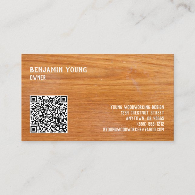 Woodgrain Oak Style Seven Line Custom QR Code Business Card (Front)