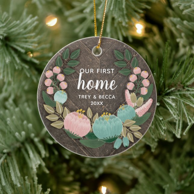 Woodgrain Our First Home Personalized Boho Florals Ceramic Ornament (Tree)