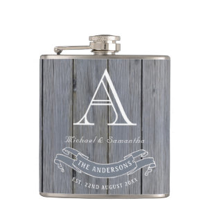 Woodgrain Rustic Light Grey Vintage Monogram Hip Flask