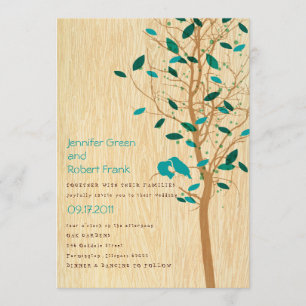 Woodgrain with Blue Love Birds in Tree Invitation