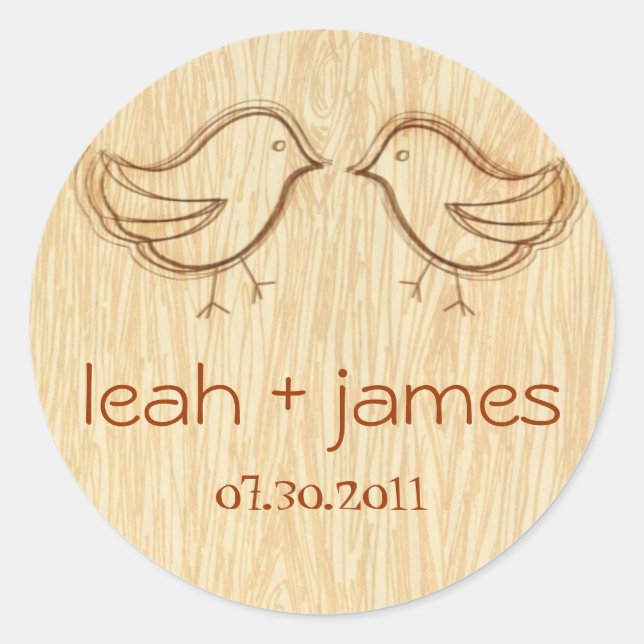 Woodgrain with Love Birds Sketch Sticker Label (Front)