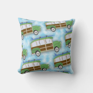Woodie Surfin Wagon Pattern Throw Pillow