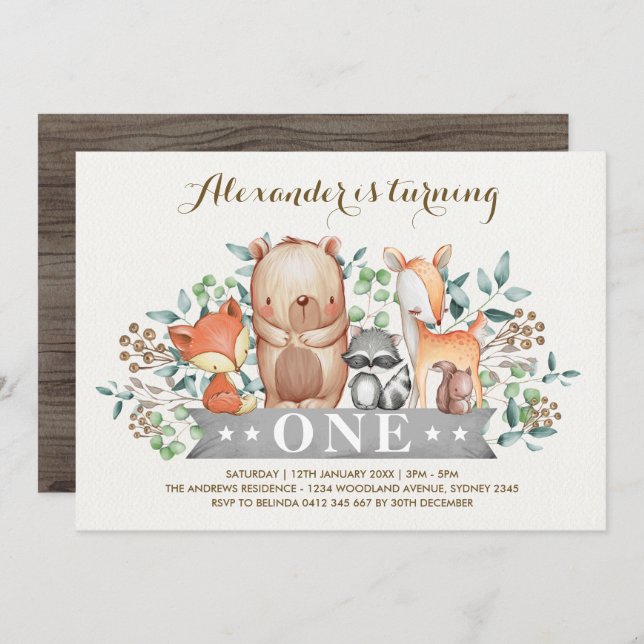 Woodland 1st Birthday | Whimsical Forest Animals Invitation (Front/Back)