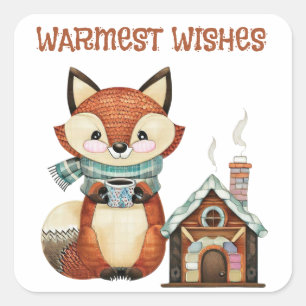 Woodland adorable fox with coffee Best wishes  Square Sticker