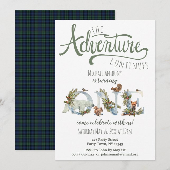 Woodland Adventure First Birthday Invitation (Front/Back)