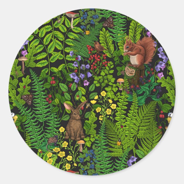 Woodland amimals and plants classic round sticker (Front)