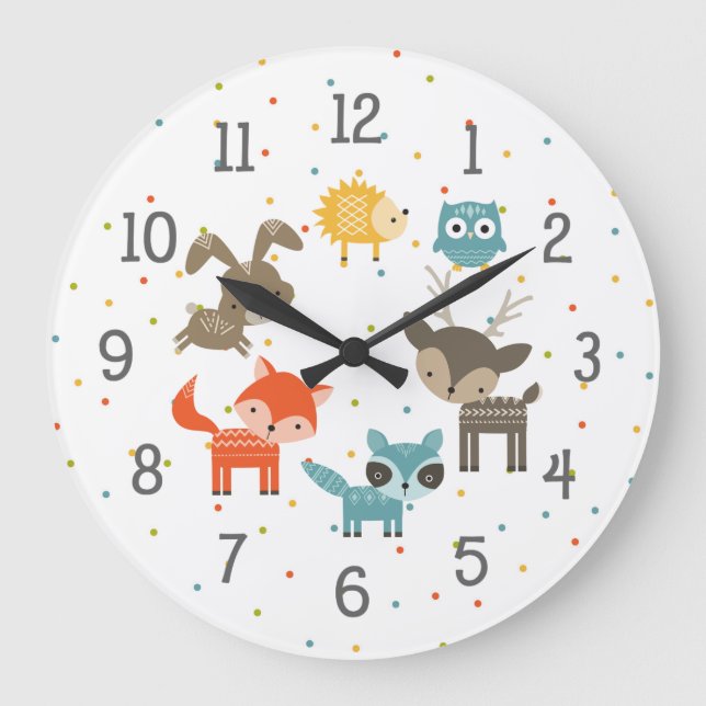 Woodland animal baby nursery clock, neutral gender large clock (Front)