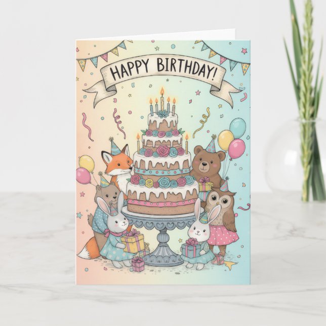 Woodland Animal Birthday Party Card (Front)