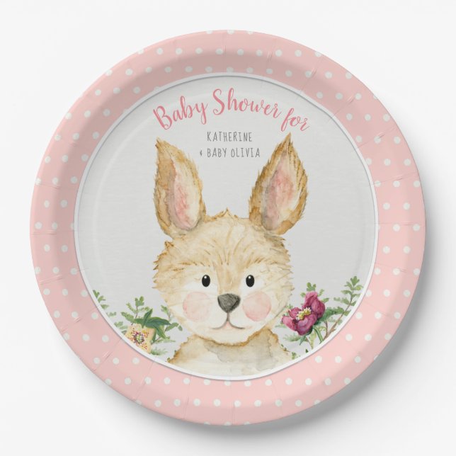 Woodland Animal Boho Bunny Rabbit Pink Baby Shower Paper Plate (Front)