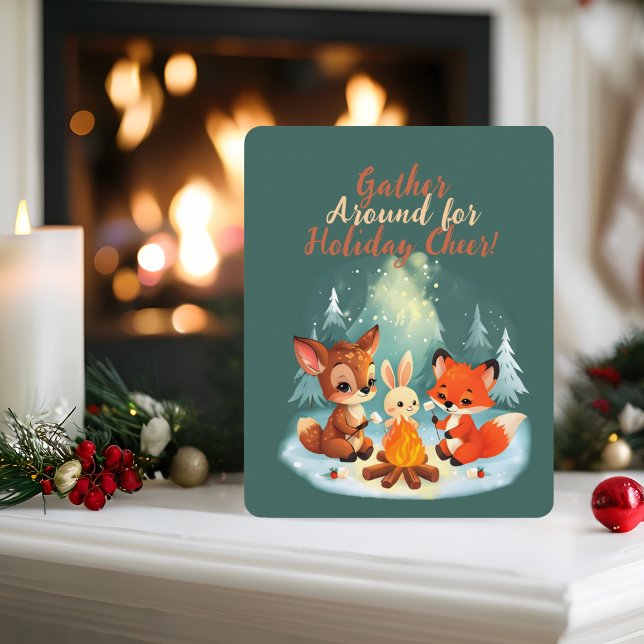 Woodland Animal Campfire Christmas Scene Holiday Card (Creator Uploaded)