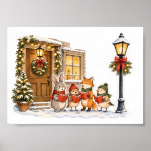 Woodland Animal Christmas Carolers for Holiday Poster