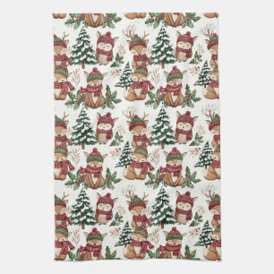 Woodland Animal Christmas Pattern with Fox & Owl Kitchen Towel