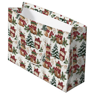 Woodland Animal Christmas Pattern with Fox & Owl Large Gift Bag