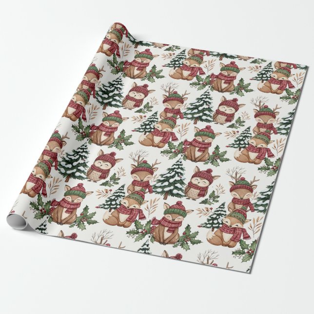 Woodland Animal Christmas Pattern with Fox & Owl Wrapping Paper (Unrolled)